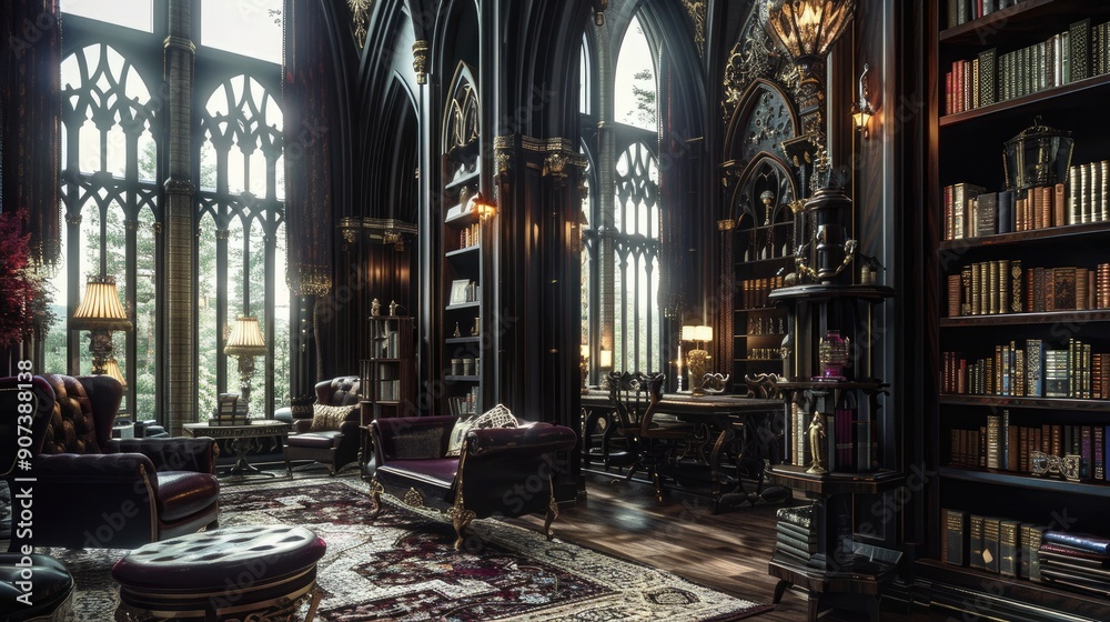 Fototapeta premium A home library with a dramatic, gothic style, featuring dark, ornate furniture, rich fabrics, and tall, arched windows.