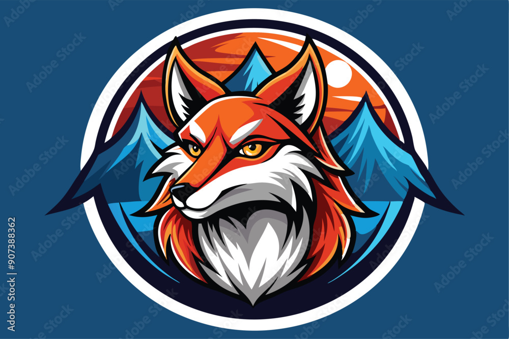 Red Fox Head with Mountain and Sunset Background