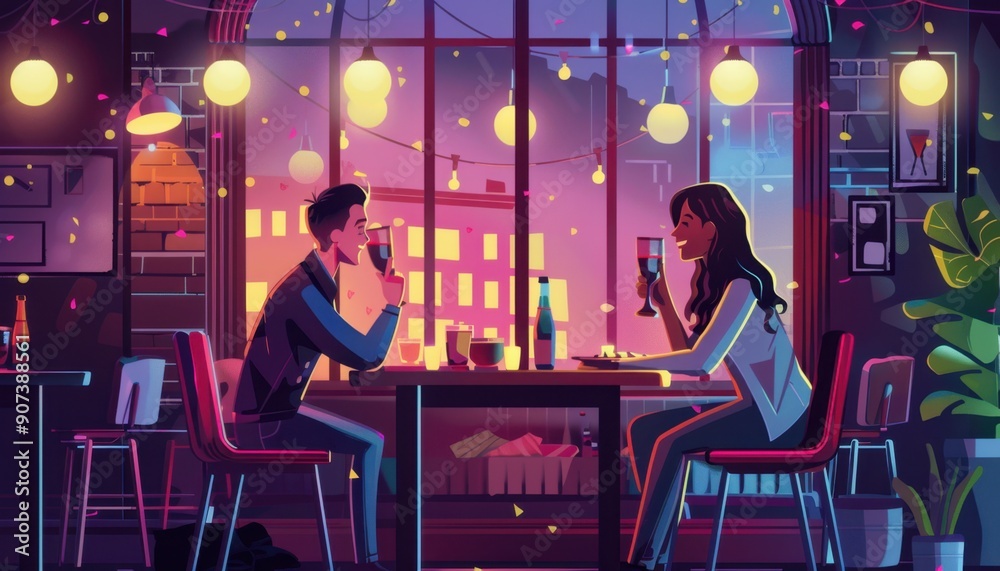 Romantic Dinner Date in a Cozy Restaurant With City View at Night Romantic Dinner Date in a Cozy Restaurant With City View at Night