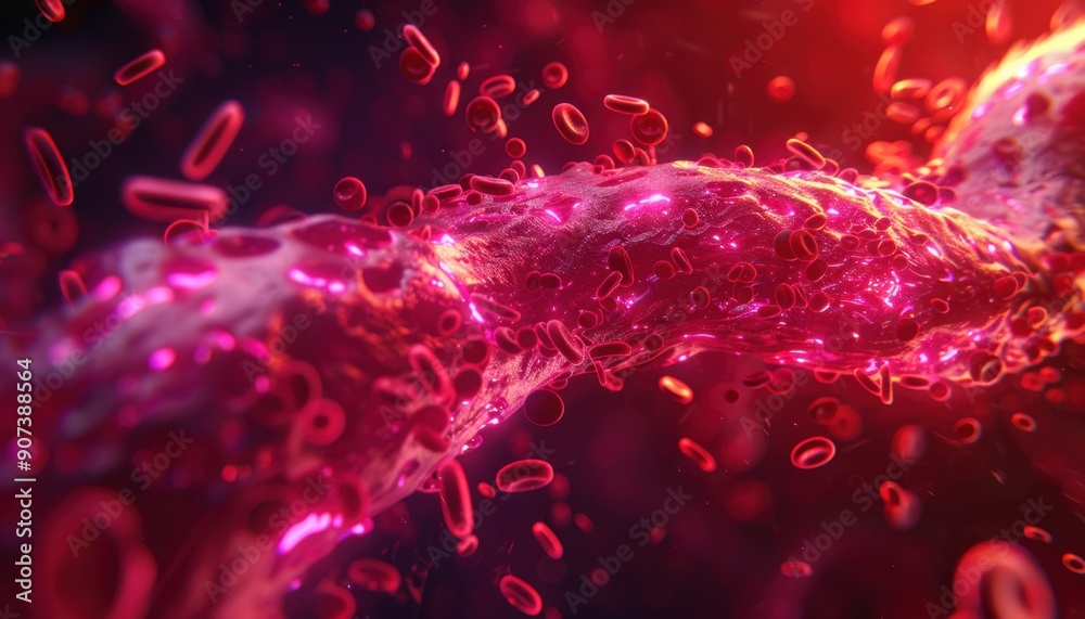 Detailed Close-Up of Flowing Blood Cells Within a Vein Under Dramatic Lighting Effects Detailed Close-Up of Flowing Blood Cells Within a Vein Under Dramatic Lighting Effects