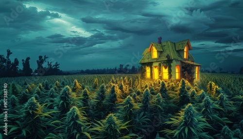 A Small House With Lit Windows in a Field of Cannabis at Night