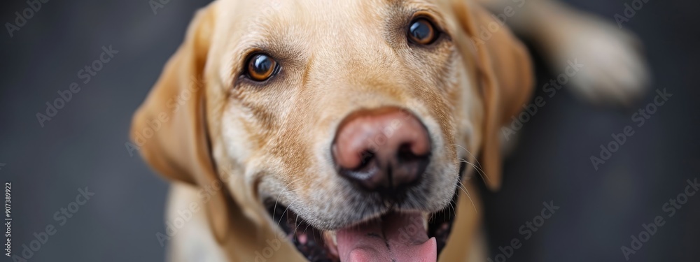 A tight shot of a dog's face showing an opened mouth and extended tongue A tight shot of a dog's face showing an opened mouth and extended tongue