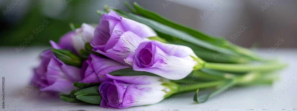 A pristine white countertop holds several purple and white tulips, their verdant green leaves gracing the stems' ends A pristine white countertop holds several purple and white tulips, their verdant green leaves gracing the stems' ends
