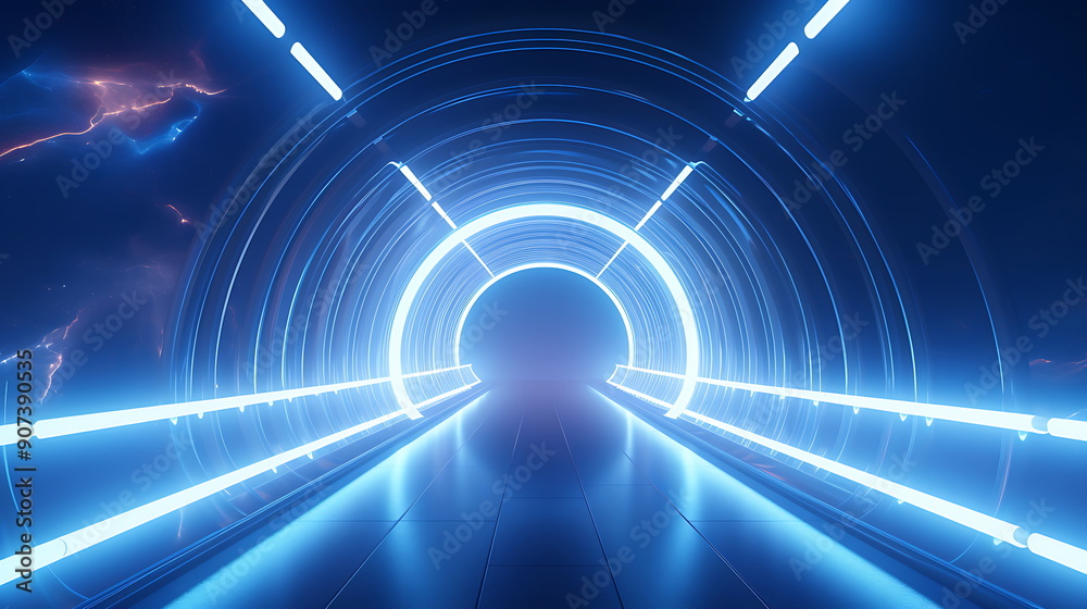 A futuristic space station with a long hallway and many windows A futuristic space station with a long hallway and many windows
