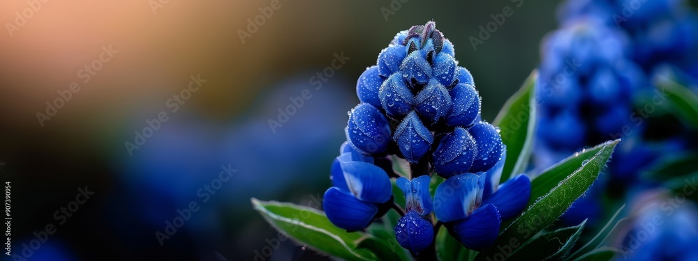 A tight shot of a blue bloom, adorned with dew drops on its petals, against a soft blur A tight shot of a blue bloom, adorned with dew drops on its petals, against a soft blur