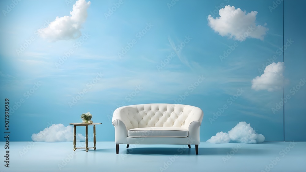 Light Blue Interior Background with Sofa and Floating Clouds. Minimal Design. Copy Space Light Blue Interior Background with Sofa and Floating Clouds. Minimal Design. Copy Space
