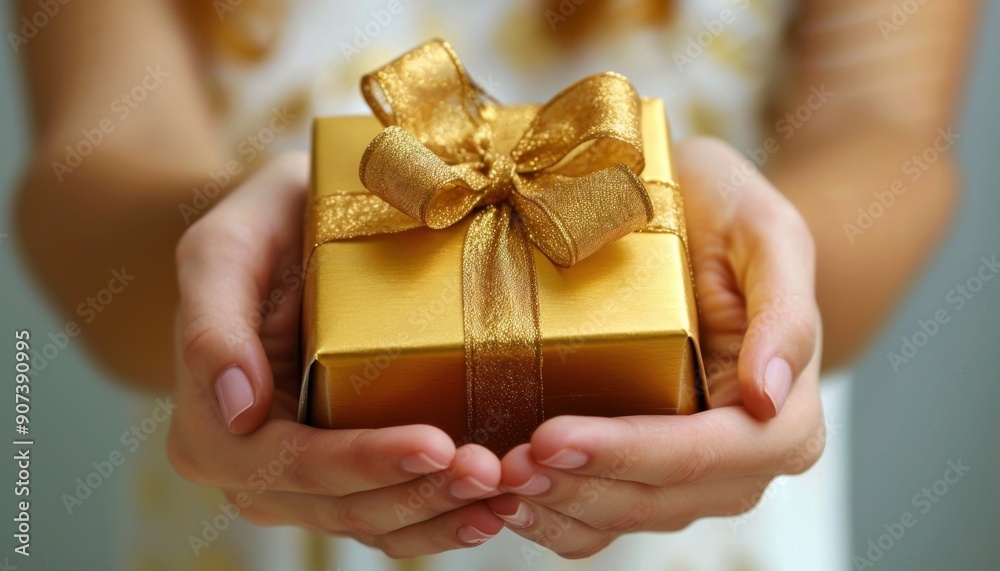Celebrating a Special Moment With a Beautifully Wrapped Golden Gift at a Joyful Occasion Celebrating a Special Moment With a Beautifully Wrapped Golden Gift at a Joyful Occasion