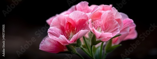  A pink flower, tightly framed against a black backdrop, with a distant, softly blurred bloom behind it © Jevjenijs