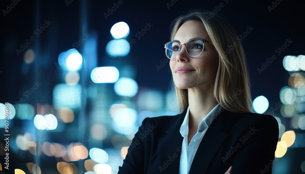 A businesswoman standing confidently under neon lights with a cityscape in the background A businesswoman standing confidently under neon lights with a cityscape in the background
