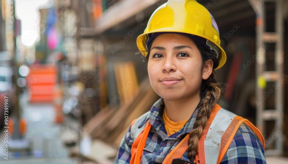 Young Woman Wearing Construction Helmet Posing Confidently at Urban Construction Site During Daylight