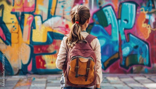 Young Girl Stands Before Colorful Urban Mural While Carrying a Backpack in the Afternoon