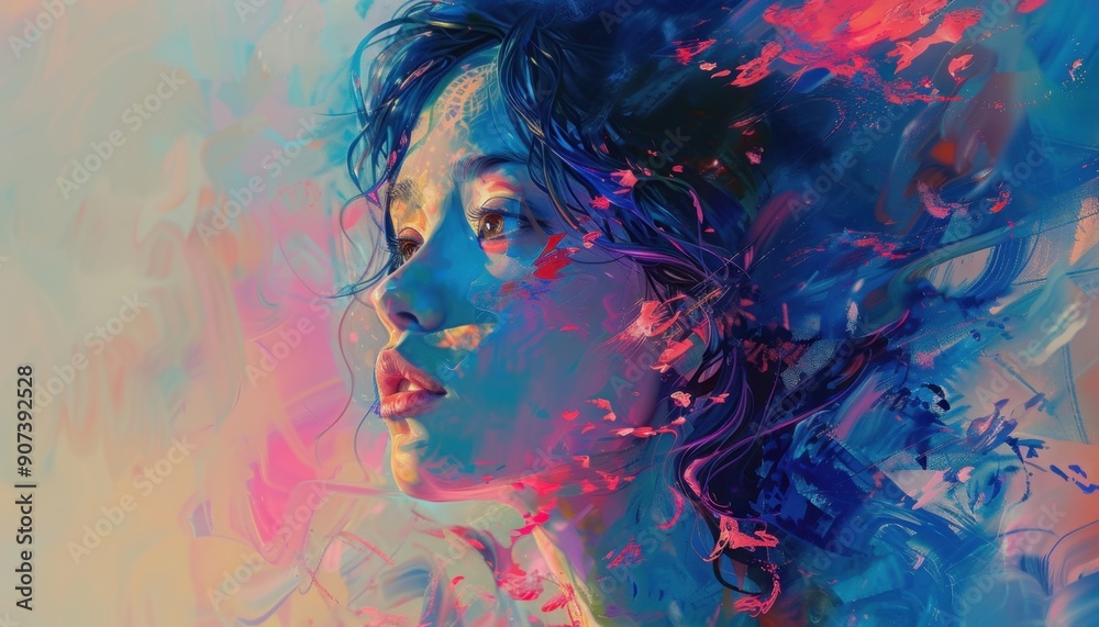Abstract Digital Painting of a Woman With Blue Hair and Pink and Blue Background Abstract Digital Painting of a Woman With Blue Hair and Pink and Blue Background