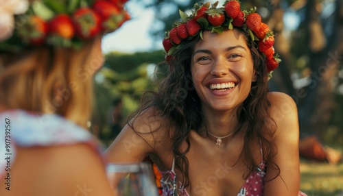 Young Women Laughing and Enjoying a Sunny Day Outdoors With Strawberry Crowns