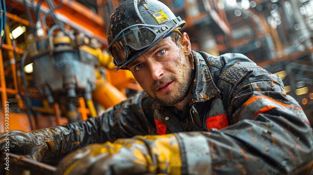 Determined Worker Performing Maintenance on Heavy Machinery in Industrial Setting at Dusk. Generative AI Determined Worker Performing Maintenance on Heavy Machinery in Industrial Setting at Dusk. Generative AI