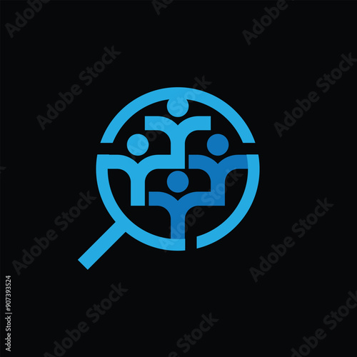 This is an abstract logo that depicts four abstract persons inside a magnifying glass shape as a logo for research or job seeker company