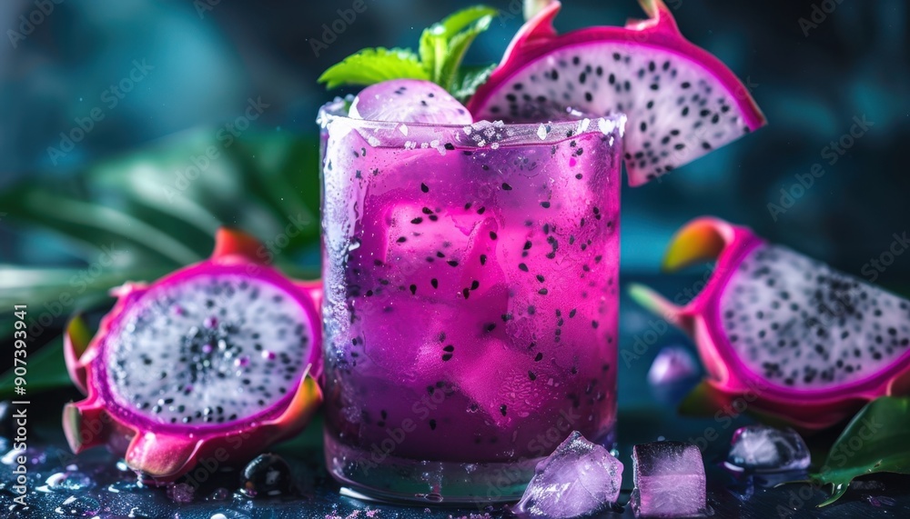 Refreshing Dragon Fruit Cocktail With Ice and Mint Garnish Refreshing Dragon Fruit Cocktail With Ice and Mint Garnish