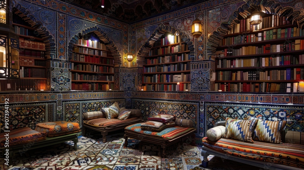 A home library with a Moroccan style, featuring intricate patterns, colorful tiles, and low seating. A home library with a Moroccan style, featuring intricate patterns, colorful tiles, and low seating.
