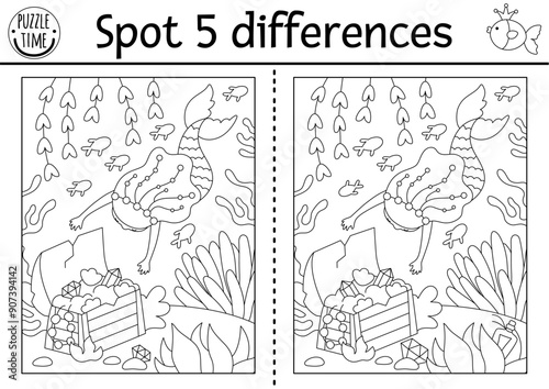 Find differences game for children. Mermaid black and white activity with sea princess swimming to treasure chest. Puzzle for kids. Printable line worksheet or coloring page for attention
