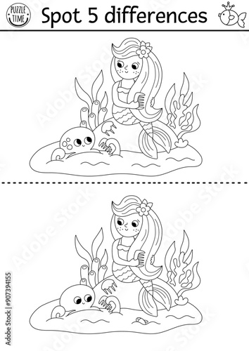Find differences game for children. Mermaid black and white educational activity with sea princess combing hair. Puzzle for kids with girl, tail. Printable line worksheet or coloring page