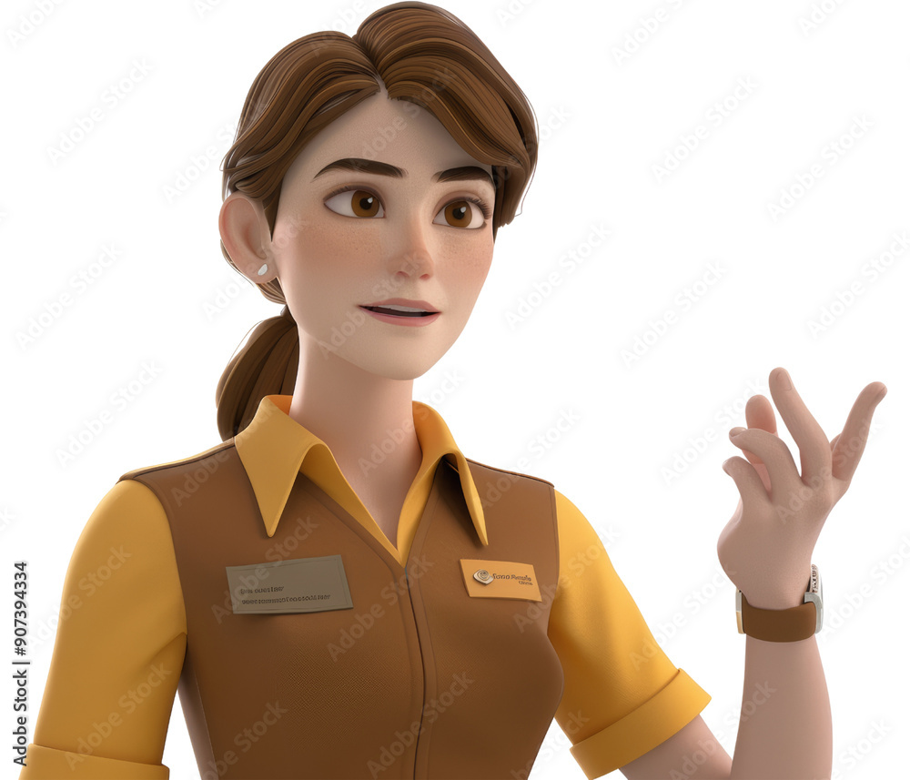 Animated Female Professional in Uniform Gesturing with Hand, Isolated on White Background Animated Female Professional in Uniform Gesturing with Hand, Isolated on White Background