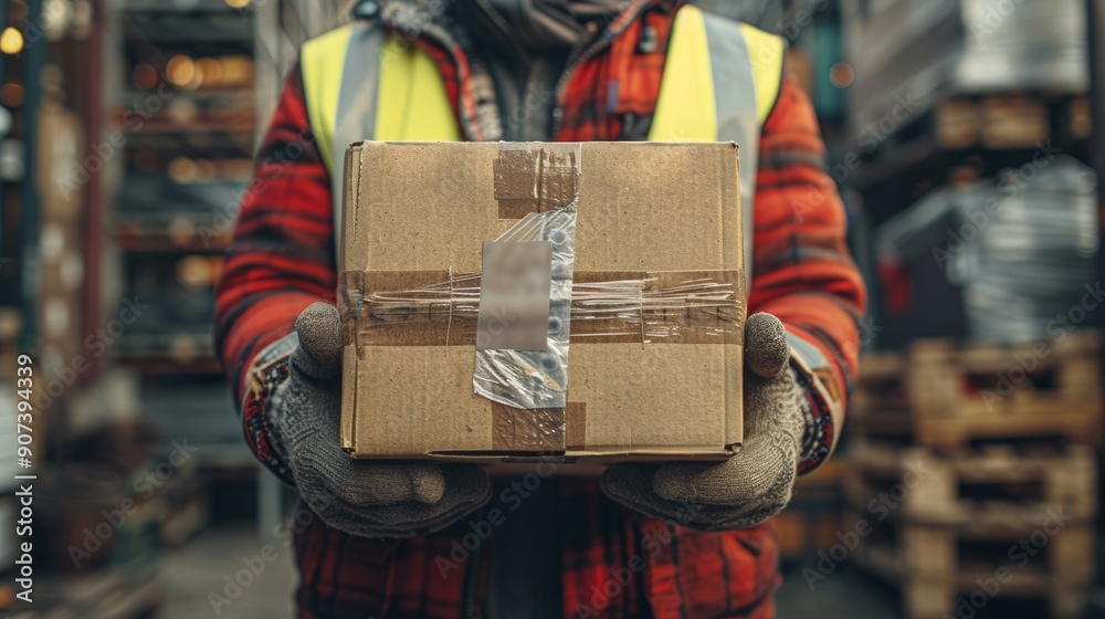 Worker Holding a Brown Package While Wearing Safety Gear in a Warehouse. Generative AI Worker Holding a Brown Package While Wearing Safety Gear in a Warehouse. Generative AI