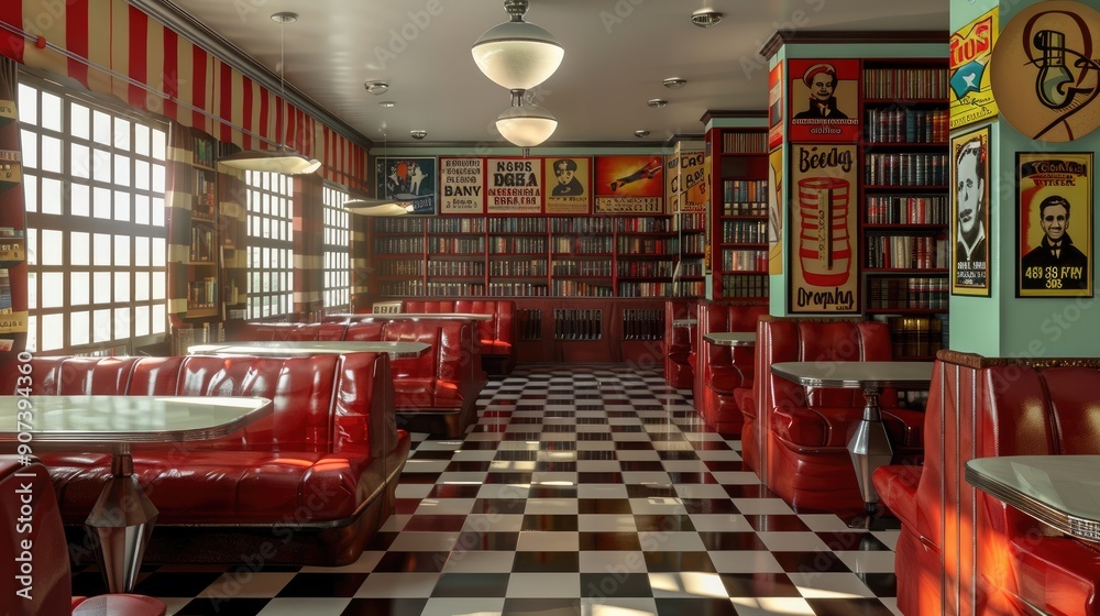 A home library with a retro diner theme, featuring checkered floors, vintage posters, and red vinyl seating. A home library with a retro diner theme, featuring checkered floors, vintage posters, and red vinyl seating.