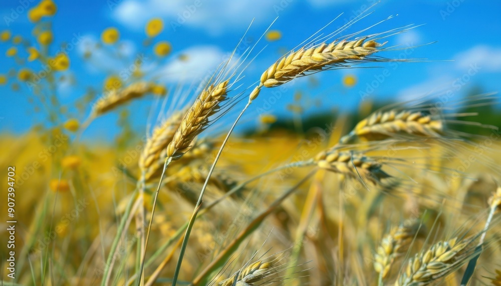 Wheat Stalks Swaying in a Summer Field Under a Blue Sky Wheat Stalks Swaying in a Summer Field Under a Blue Sky