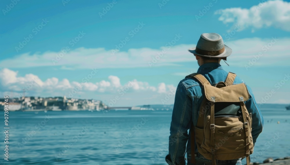 Exploring Coastal Views at Sunset With a Backpack in a Scenic Waterfront Location Exploring Coastal Views at Sunset With a Backpack in a Scenic Waterfront Location