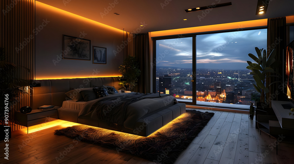 Modern Bedroom with City View and Warm Lighting Modern Bedroom with City View and Warm Lighting