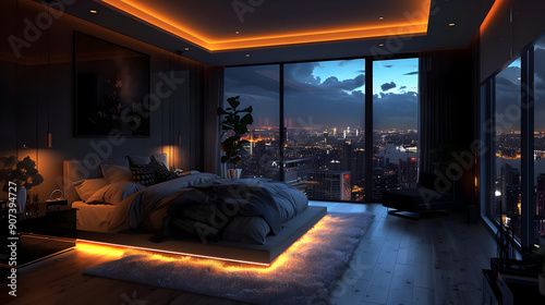 Modern Bedroom with City View and LED Lighting