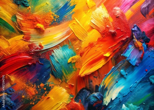 Vibrant, expressive abstract background features bold, blended brush strokes in acrylic and oil, blending warm and cool tones in a dynamic, textured composition.