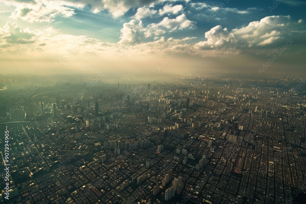Fototapeta premium city skyline at sunset, with vibrant colors illuminating the buildings and the tranquil waters of Lake , A city skyline seen from above, capturing the vast sprawl of urban development, AI generated