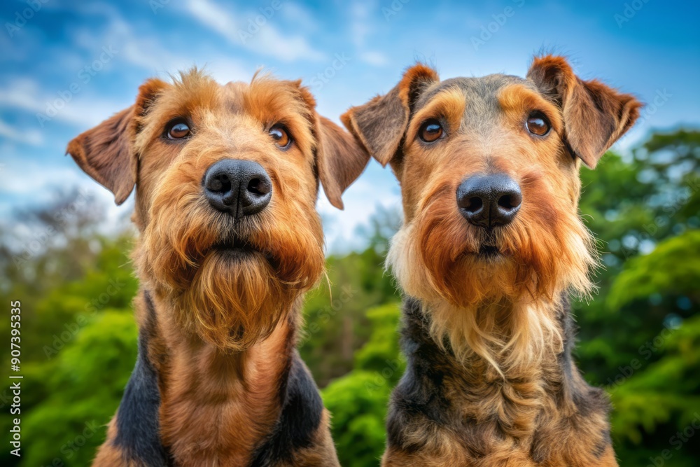 Two adorable Airedale terriers showcase their endearing personalities, gazing upwards with tilted heads and curious expressions, one dog sharply in focus, evoking playful companionship. Two adorable Airedale terriers showcase their endearing personalities, gazing upwards with tilted heads and curious expressions, one dog sharply in focus, evoking playful companionship.