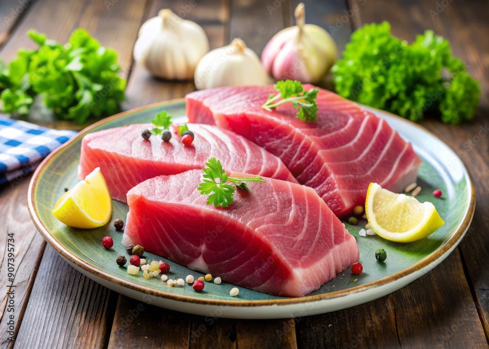 Fresh tuna fillets on a plate, ready to be cooked, highlighting the protein-rich food source as a main ingredient for a healthy meal preparation. Fresh tuna fillets on a plate, ready to be cooked, highlighting the protein-rich food source as a main ingredient for a healthy meal preparation.