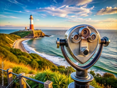 Vintage binoculars positioned at the edge of Long Island, New York, offering a glimpse of the Montauk Point Lighthouse's majestic presence amidst a serene coastal landscape.