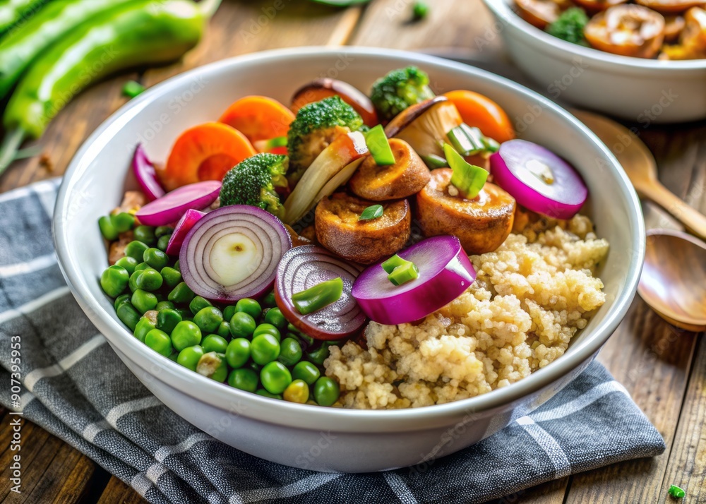 Fresh and healthy vegetarian meal featuring quinoa, roasted sweet potato, sautéed mushrooms, pickled red onion, green peas, and steamed broccoli in a white bowl. Fresh and healthy vegetarian meal featuring quinoa, roasted sweet potato, sautéed mushrooms, pickled red onion, green peas, and steamed broccoli in a white bowl.