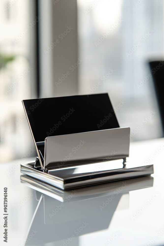Close-up of a sleek business card holder on a clean white surface, symbolizing professional networking and business identity Close-up of a sleek business card holder on a clean white surface, symbolizing professional networking and business identity