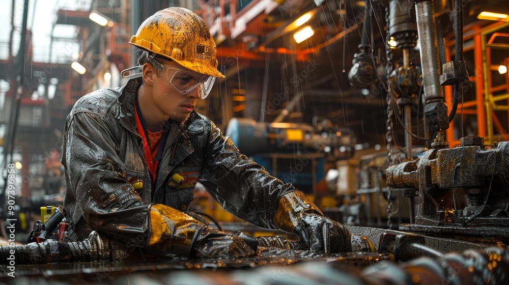 Young Worker in Safety Gear Operates Machinery at an Industrial Site in Rainy Conditions. Generative AI