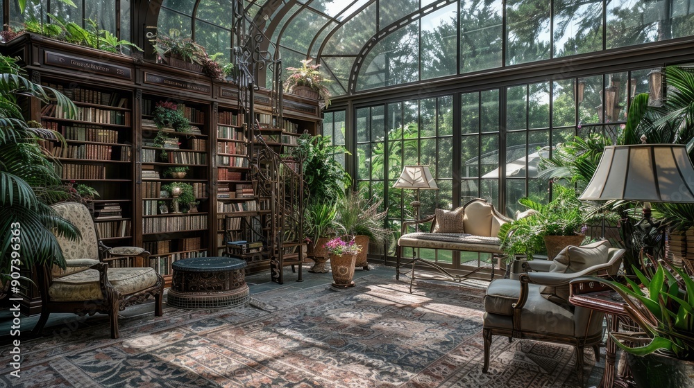 A home library with a serene, botanical conservatory design, featuring glass walls, tropical plants, and wrought-iron furniture. A home library with a serene, botanical conservatory design, featuring glass walls, tropical plants, and wrought-iron furniture.