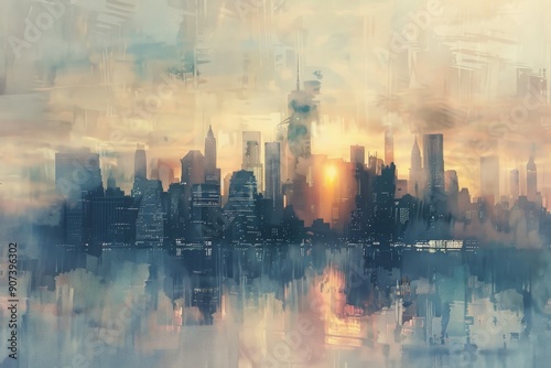 City skyline painting with water and sky in the background, A city skyline rendered in a painterly style with soft, blurred edges, Ai generated