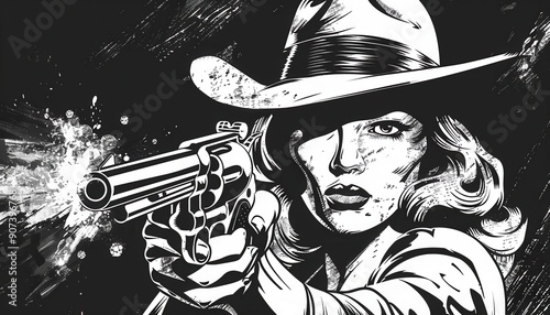 Dynamic Cowgirl in Action Holding a Revolver With Determination and Grit