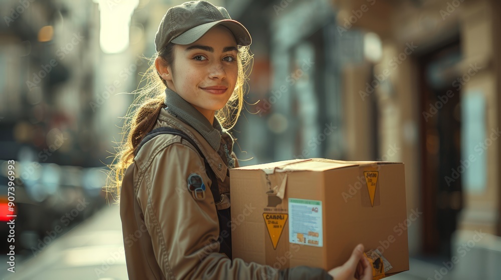 Young Delivery Person Smiling While Holding Package on City Street in Afternoon Light. Generative AI Young Delivery Person Smiling While Holding Package on City Street in Afternoon Light. Generative AI