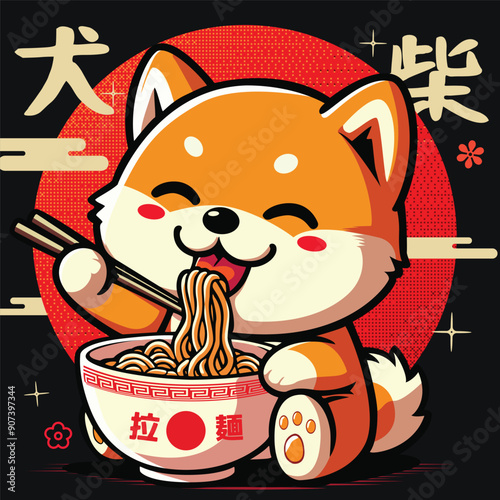Joyful cute japanese dog enjoying ramen noodles - japanese character "Shiba Inu"