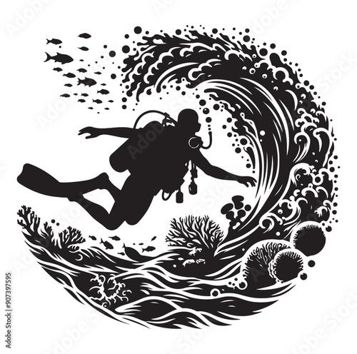 Scuba diving people silhouettes vector illustrations isolated on white background.
