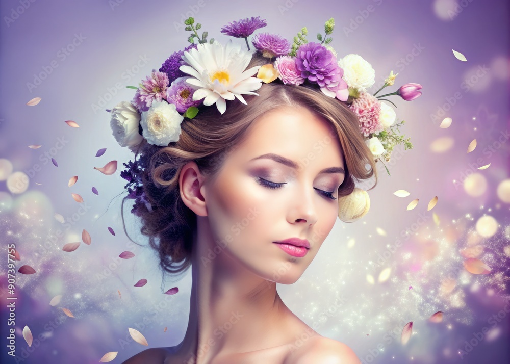 a peaceful young woman with eyes closed, surrounded by delicate flowers floating from her head, against a soft, calming light violet background.