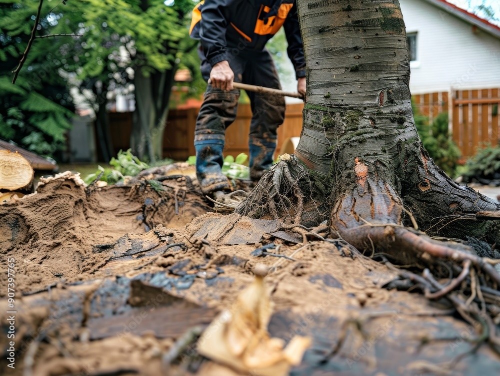 Naklejka premium A person removing tree roots in a garden, highlighting the intricate details of nature and the effort of maintaining outdoor spaces.