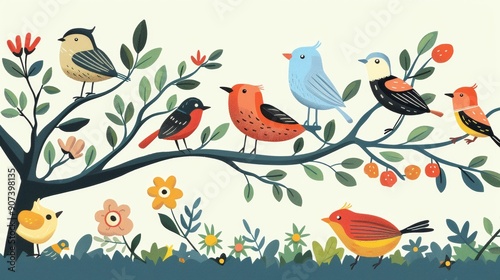 A whimsical illustration of colorful birds perched on a tree branch surrounded by vibrant flowers and leaves, ideal for nature lovers.