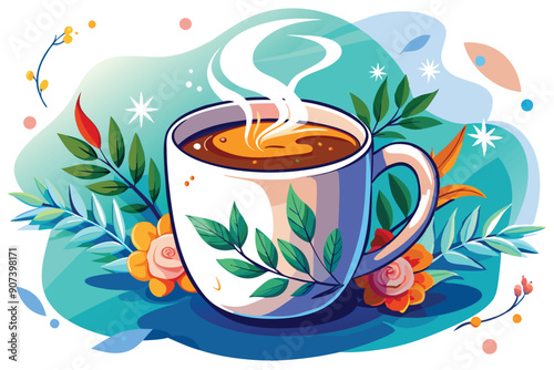 Steaming Cup of Coffee Surrounded by Flowers and Leaves