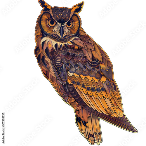 Vibrant and Detailed Animal Sticker of an Owl with Intricate Patterns and Rich Colors photo