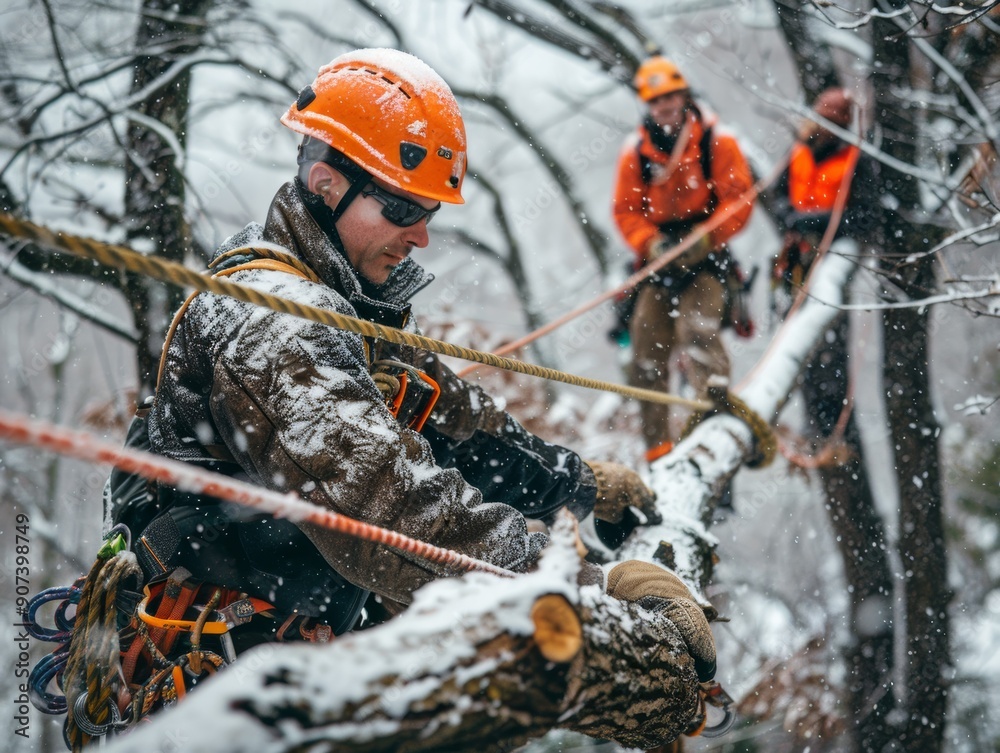 Tree worker in winter gear removes snow-covered branches, showcasing safety and teamwork in harsh conditions. Tree worker in winter gear removes snow-covered branches, showcasing safety and teamwork in harsh conditions.